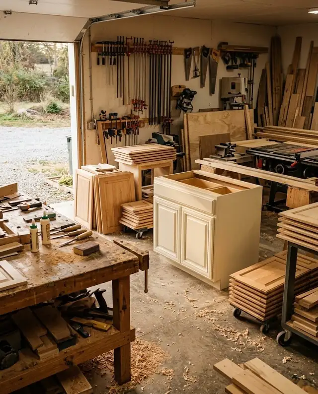 Small cabinet shop with workbenches, clamps and stacked cabinet doors