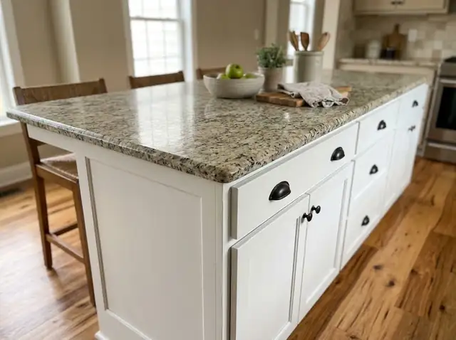 Granite countertop on a white kitchen island over a hickory floor
