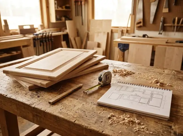 Tape measure, pencil and cabinet doors on a workbench