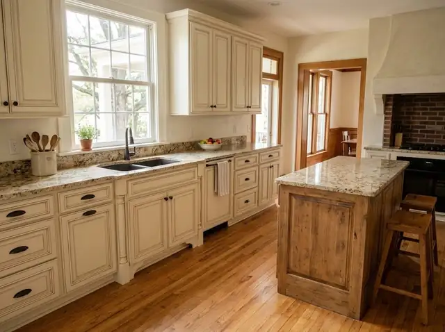 Traditional kitchen with cream raised-panel cabinets and granite counters